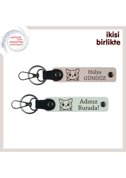 Kedili Mutfağa, Salona, Kalbe Hitap Eden Hediye, Isimli Anahtarlık Takımı, Pudra-Beyaz