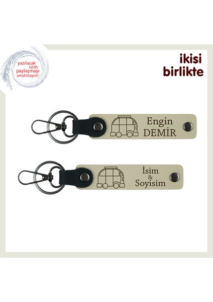 Yolda Tanışılan Gönüllere, Karavan Figürlü Kişisel Isimli Deri Anahtarlık Seti, Sütlü Kahve-S Kahve