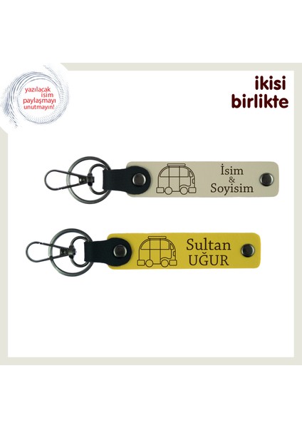 Gezgin Dostuna Değerli Bir Hatıra, Karavan Motifli Deri Anahtarlık Takımı, Sütlü Kahve-Sarı