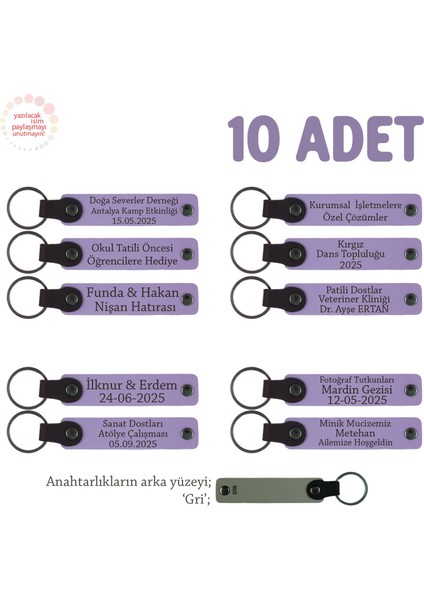 Öğretmenden Tüm Öğrencilerine Özel, 10'lu Set, Isim Yazılı Hediye Anahtarlık, Mor Menekşe & Gri
