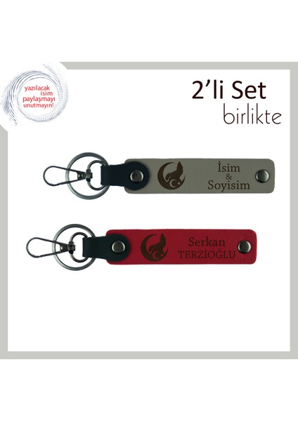 Kardeşe Askerlik Anısı, Bozkurt ve Ayyıldız Desenli Isimli Deri Anahtarlık Takımı, Kül Gri-Kırmızı