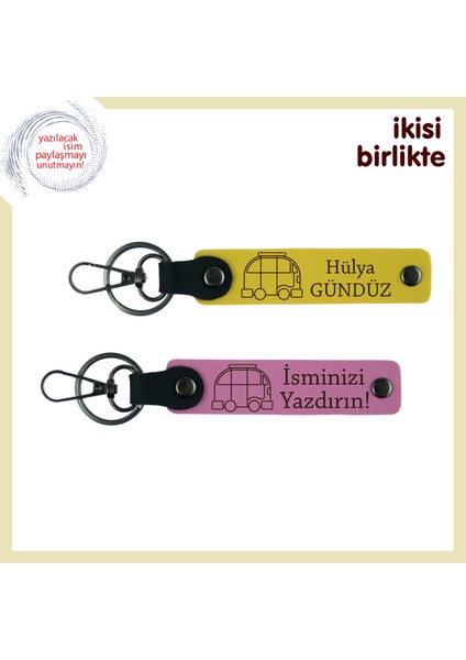 Karavan Hayaline Yakışır Hediye, Isme Özel Yazılı Deri Anahtarlık Takımı, X2' Li, Sarı-Pembe