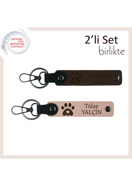 Köpek Sevdasına Sevimli Bir Dokunuş, Kalpli Pati Temalı Deri Anahtarlık Takımı, K Kahve-Yavru Ağzı