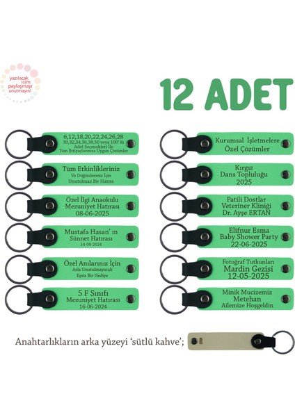 Ilk Yardım Kursunu Tamamlayanlara, 12'li Set, Isme Özel Deri Hatıra Anahtarlık, F Yeşil & S Kahve
