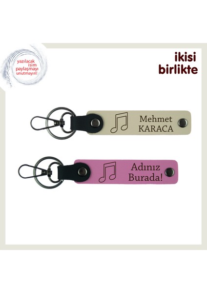 Müzik Ruhunu Taşıyanlara Hediye, Kişisel Isimli Nota Temalı Anahtarlık Takımı, Sütlü Kahve-Pembe