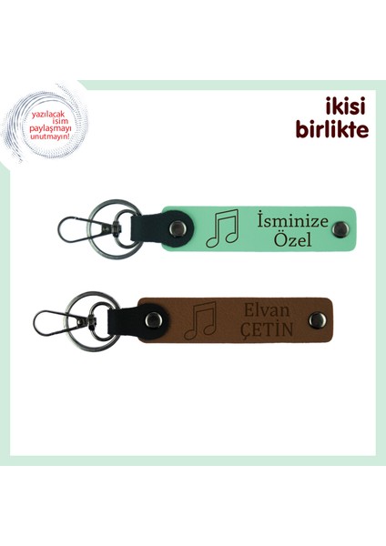 Nota Temalı Sevimli Hediye, Isme Özel Deri Anahtarlık Takımı, X2' Li, Açık Yeşil-Açık Kahve