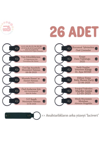 Işletmelerin Müşterilerine Özel Hediye 26'lı Set, Isim Yazılabilir Deri Anahtarlık, Pudra & Lacivert