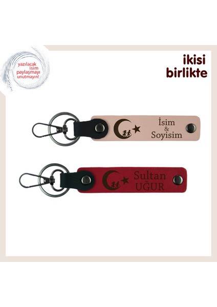 Kişisel Dokunuşuyla Farklı Hediye – Çocuk ve Ayyıldız Deri Anahtarlık X2'li, Yavru Ağzı-Kırmızı