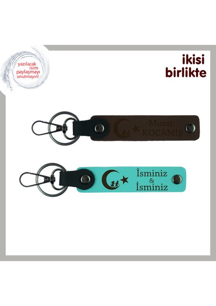 Annene Vatan Temalı Armağan – Çocuk ve Ayyıldız Isimli Anahtarlık Seti 2'li, Koyu Kahve-Turkuaz