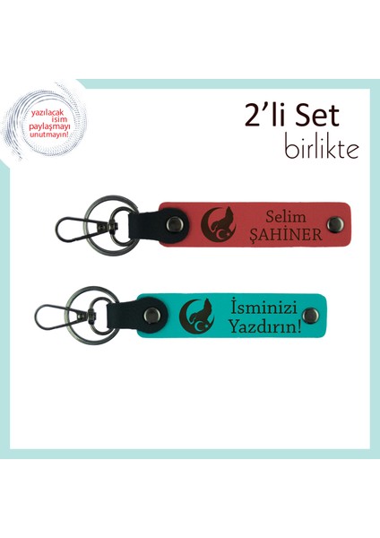 Milli Temalı Kalıcı Hediye, Bozkurt ve Ayyıldız Desenli Kişisel Anahtarlık X2, Nar Çiçeği-Turkuaz