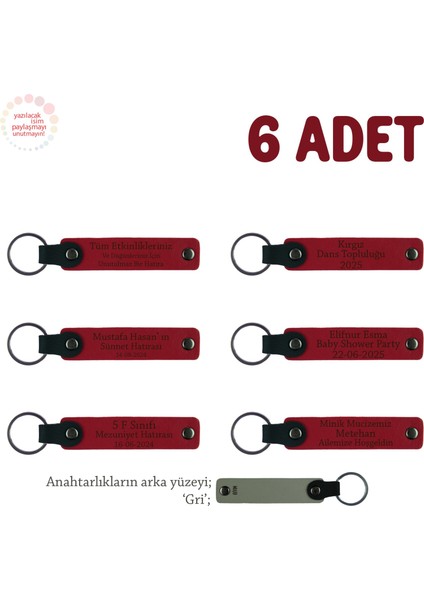 Doğa Yürüyüşü Ekibine Hatıra Olarak, 6'lı Set, Kişiye Özel Yazılı Deri Anahtarlık, Kırmızı & Gri
