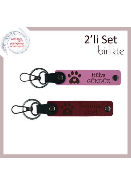 Sevgilinizle Ortak Kullanıma Uygun, Kalpli Pati Motifli Deri Anahtarlık Takımı, Pembe-Bordo