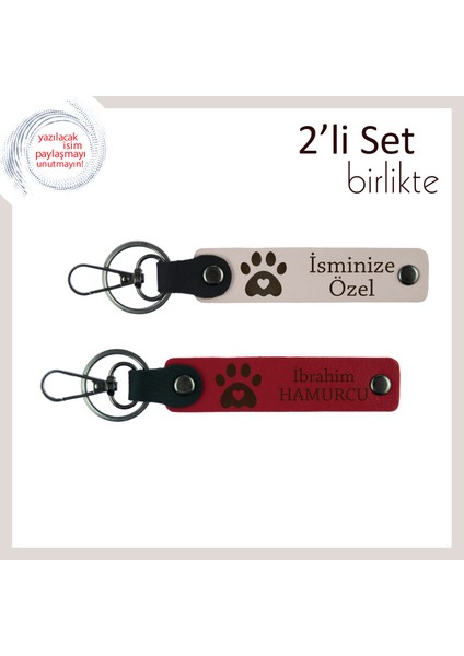 Çocuğunun Ilk Evcil Hayvanına Anlamlı Hatıra, Kalpli Pati Temalı Anahtarlık Takımı, Pudra-Kırmızı