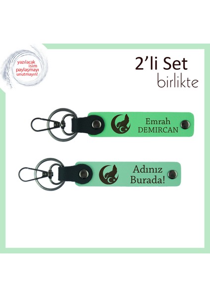 Bozkurt ve Ayyıldız Desenli Öğretmene Teşekkür Anahtarlığı – Kişiye Özel 2’li Set, F Yeşil-Yeşil