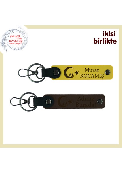 Vatan Temalı Aşk Hediyesi Çocuk ve Ayyıldız, Isim Yazılı Deri Anahtarlık X2' Li Set, Sarı-Kahve
