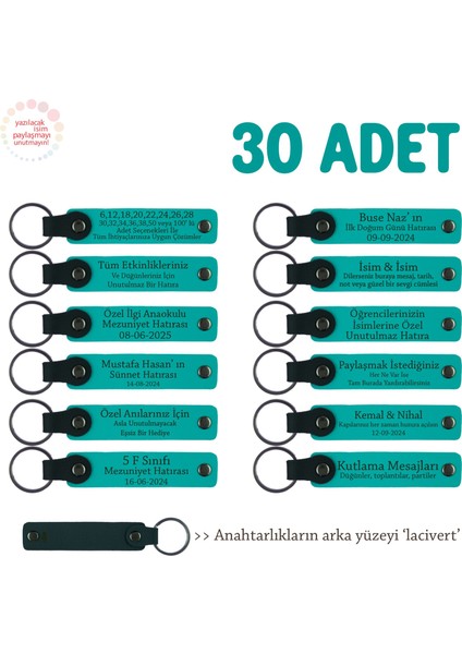 Kamp Ekibine Özel Üretim, 30'lu Set, Kişisel Isim Yazılı Hediye Deri Anahtarlık, Koyu Turkuaz & Laci