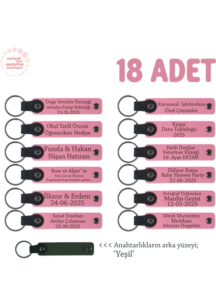 Pembe & Yeşil, Öğrencilerin Birlikte Paylaşabileceği, 18'li Anahtarlık Set, Isme Özel Hatıra