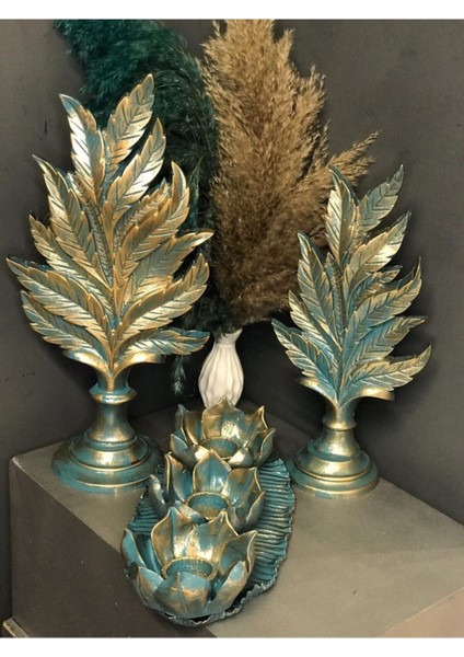 Şık Dekoratif Mumluk Takımı, Turkuaz ve Altın Detaylarıyla Zarif Görünüm Sağlar fiyatları