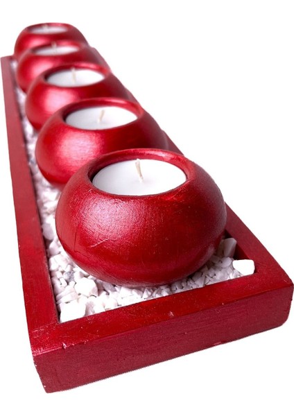 Beşli Kırmızı Yuvarlak Tealight Mumluk Seti, Dikdörtgen Sunum Tepsili