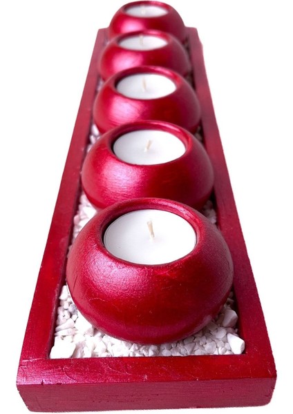 Beşli Kırmızı Yuvarlak Tealight Mumluk Seti, Dikdörtgen Sunum Tepsili modelleri