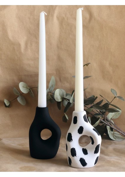 Şık Siyah Benekli Mumluk ve Vazo 2'li Set, 8X14 cm