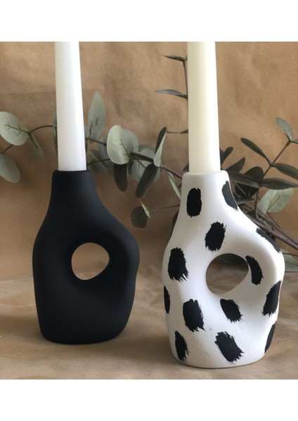 Şık Siyah Benekli Mumluk ve Vazo 2'li Set, 8X14 cm fiyatları