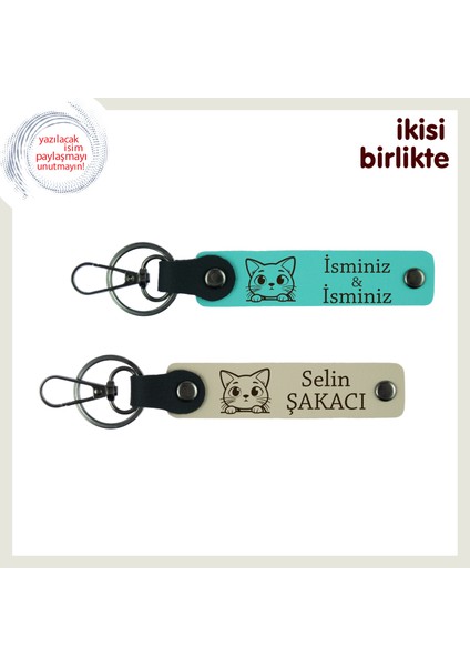 Minik Dostunuzu Temsil Eden Sevimli Hediye, Kedili Deri Anahtarlık Takımı, Turkuaz-Sütlü Kahve