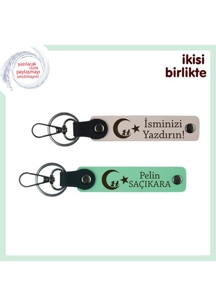 Milli Temalı Kişisel Armağan – Isim Yazılabilir Çocuk ve Ayyıldız Anahtarlık X2, Pudra-Yeşil