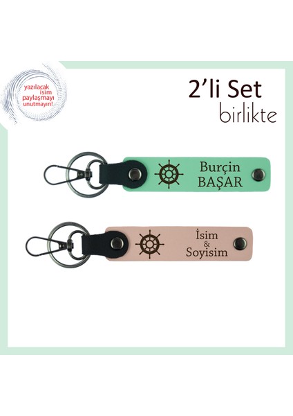 Yön Bulmanın Simgesi Gemi Dümeni, Kişisel 2’li Anahtarlık Takımı, Açık Yeşil-Yavru Ağzı