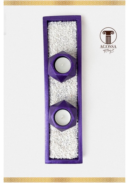 Mor 2'li Tealight Mumluk ve Taşlı Sunum Tepsisi Seti