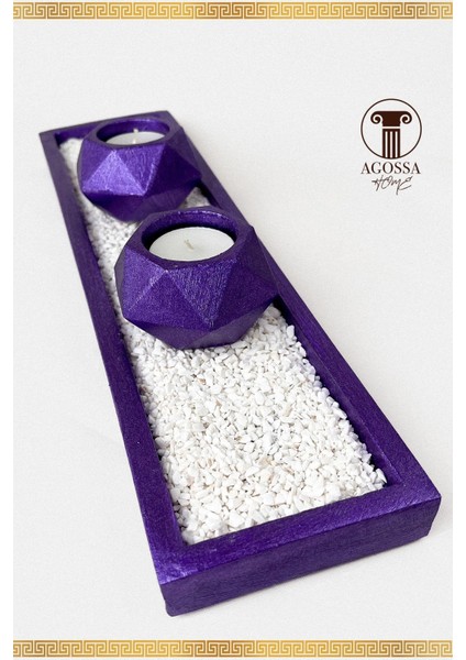 Mor 2'li Tealight Mumluk ve Taşlı Sunum Tepsisi Seti modelleri