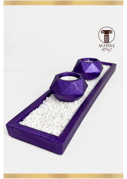 Mor 2'li Tealight Mumluk ve Taşlı Sunum Tepsisi Seti fırsatları