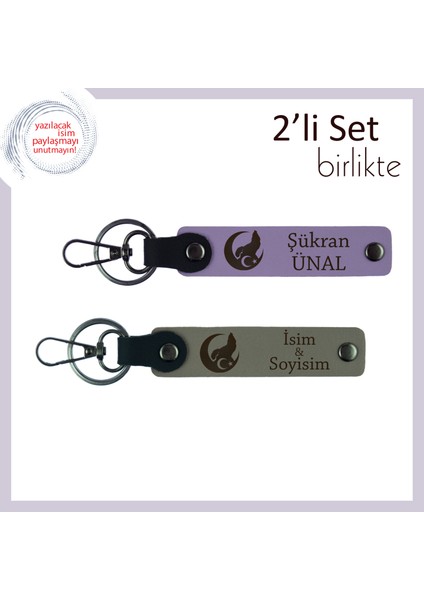 Milli Ruh, Bozkurt ve Ayyıldız Anahtarlık – Isme Yazılabilir Deri Hediye Seti, Mor Menekşe-Kül Gri