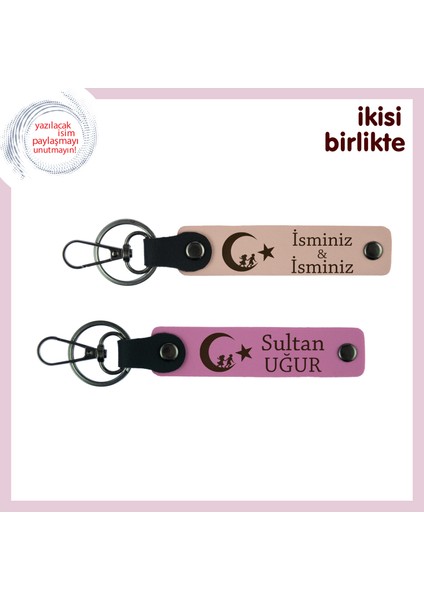 Isim Eklenebilir Hediye – Çocuk ve Ayyıldız Motifli Kişisel Anahtarlık Takım, Yavru Ağzı-Pembe
