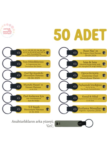 Sarı & Gri, Hastaneler Için Misafirlere Hediye, 50'li Set, Marka Yazılı Deri Hatıra Anahtarlık