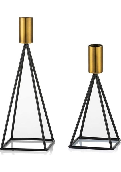 Üçgen Mısır Geometrik 2'li Şamdan Mumluk, Siyah Gold, Ev Dekorasyonu