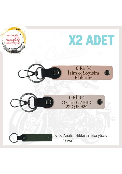 Hız Severlere Özel, Isim Plaka ve 0 Rh (-) Kan Grubu Yazılı X2 Anahtarlık Set, Yavruağzı-Pudra-Ysl