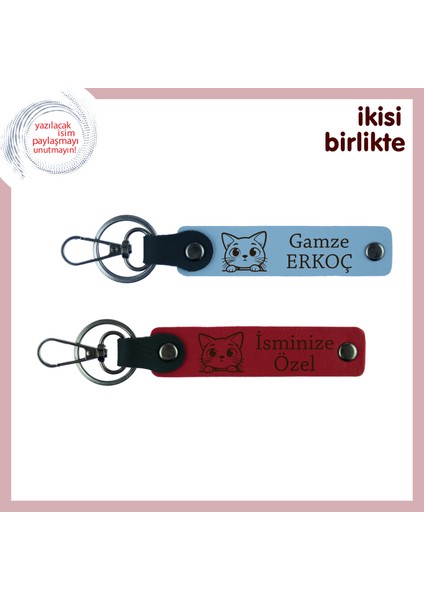 Çocukla Kedinin Büyümesine Ortak Hatıra, Kişisel Isimli Deri Anahtarlık 2’li, Gök Mavi-Kırmızı