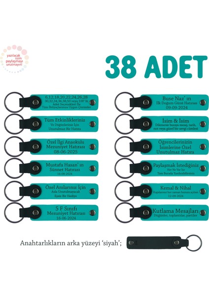 Okul Kütüphane Gönüllülerine, 38'li Set, Üzerine Isim Yazılan Deri Anahtarlık, Koyu Turkuaz & Siyah