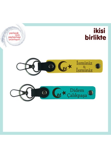 Çocuk ve Ayyıldız Desenli Yıldönümüne Özel Sürpriz – Kişisel Deri Anahtarlık X2'li, Sarı-Turkuaz
