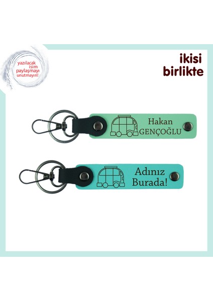 Gezgin Ruhlar Için Hazırlanmış, Karavanlı Kişisel Deri Anahtarlık X2’li, Açık Yeşil-Turkuaz