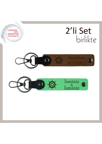 Kaptan Ruhlu Sevenlere Hediye, Gemi Dümeni Desenli Anahtarlık Takımı, Açık Kahve-Fıstık Yeşil