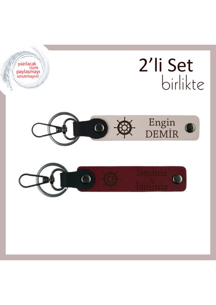 Sevgilinizle Ortak Bir Rota Için, Gemi Dümeni Desenli Anahtarlık Seti, Pudra-Bordo