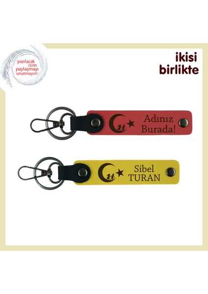 Dayıya Minnet Armağanı – Çocuk ve Ayyıldız Desenli Kişisel Deri Anahtarlık, Nar Çiçeği-Sarı