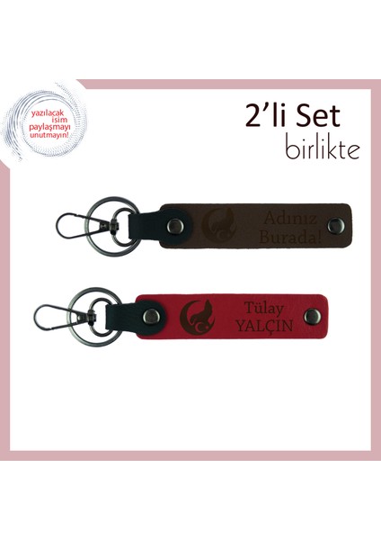 Sevgiline Bozkurt ve Ayyıldız Ile Süslenmiş Aşk Hediyesi 2’li Anahtarlık Takımı, Koyu Kahve-Kırmızı
