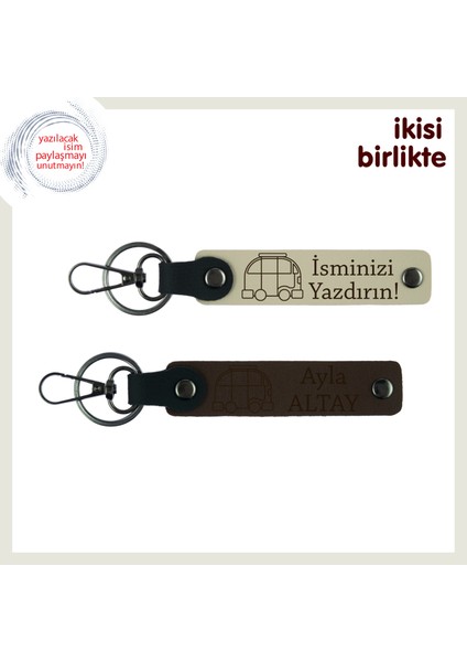 Karavan Sevdalısına Uygun Hediyelik, Kişiye Özel Deri Anahtarlık X2’li, Sütlü Kahve-Koyu Kahve