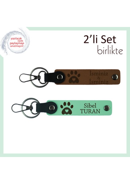 Minik Pati Kalp Motifli 2’li Anahtarlık Takımı, Kişiye Özel Hediyelik, Açık Kahve-Açık Yeşil