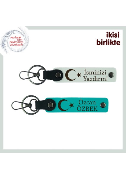 Ay Yıldız Desenli Özel Hediye, Isim Yazılabilir 2’li Anahtarlık Seti Yakın Dostlara, Beyaz-Turkuaz