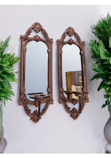 Şık Dikdörtgen Aynalı Ikili Mumluk Takımı, Bakır Eskitme Tasarım