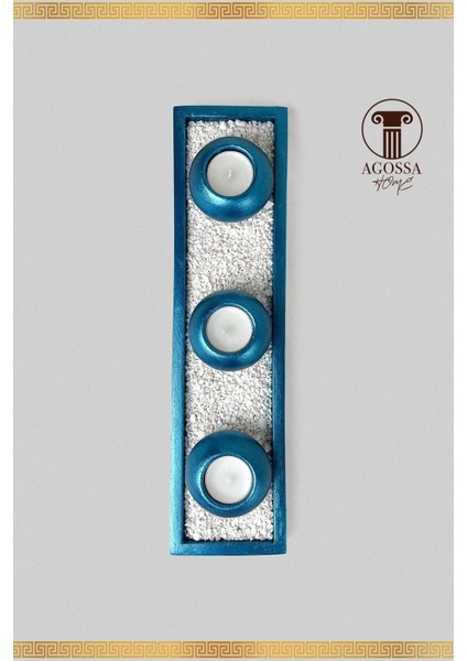 Deniz Mavisi 3'lü Mumluk ve Taşlı Sunum Tepsisi Seti